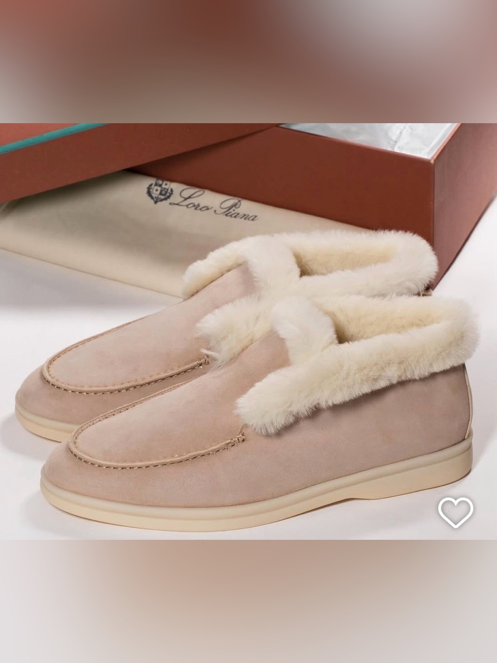 Loro Piana Women's Blush Beige Suede Shearling-Lined Slip-Ons open walk